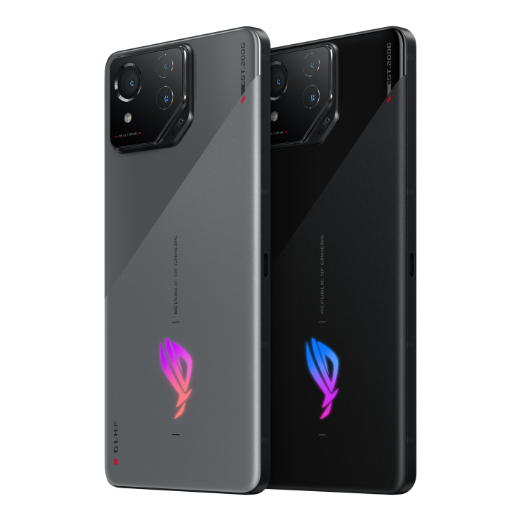 Two ROG Phone 8 in both Phantom Black and Rebel Grey angled view from back, tilting at 45 degrees