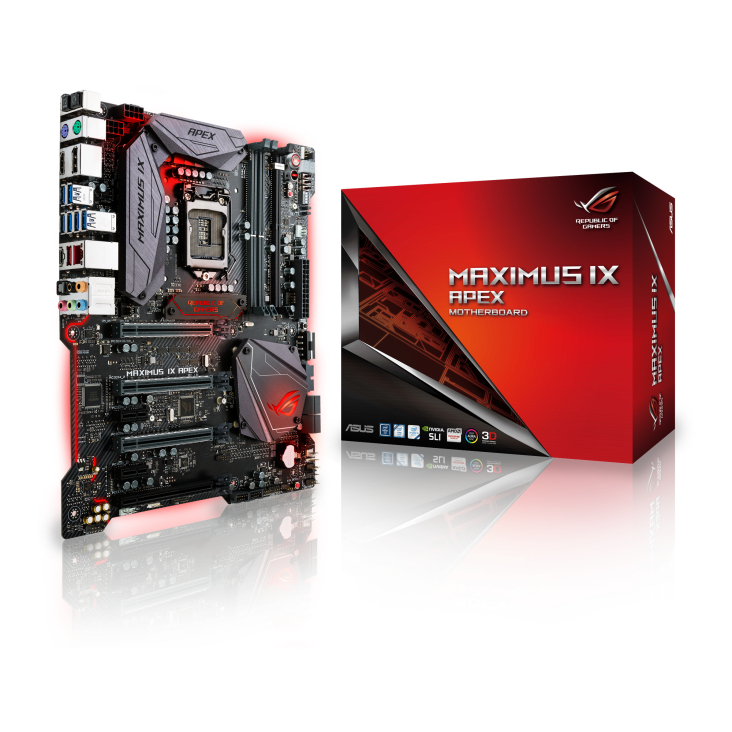 ROG MAXIMUS IX APEX angled view from left with the box