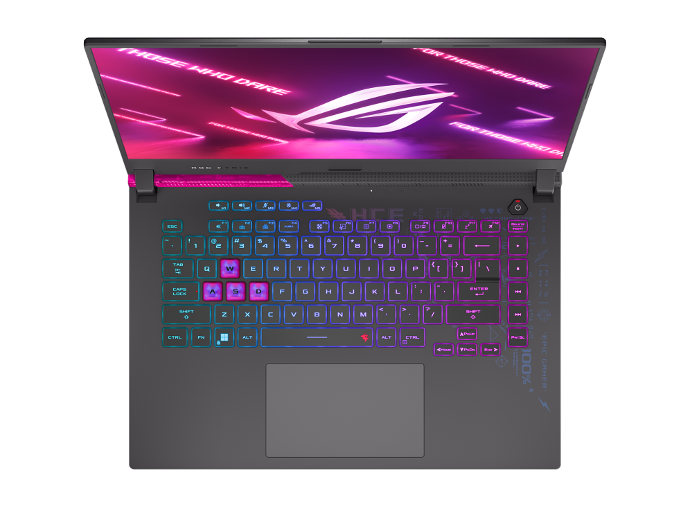 Top down view of the Electro Punk Strix G15, with pink WASD keys.