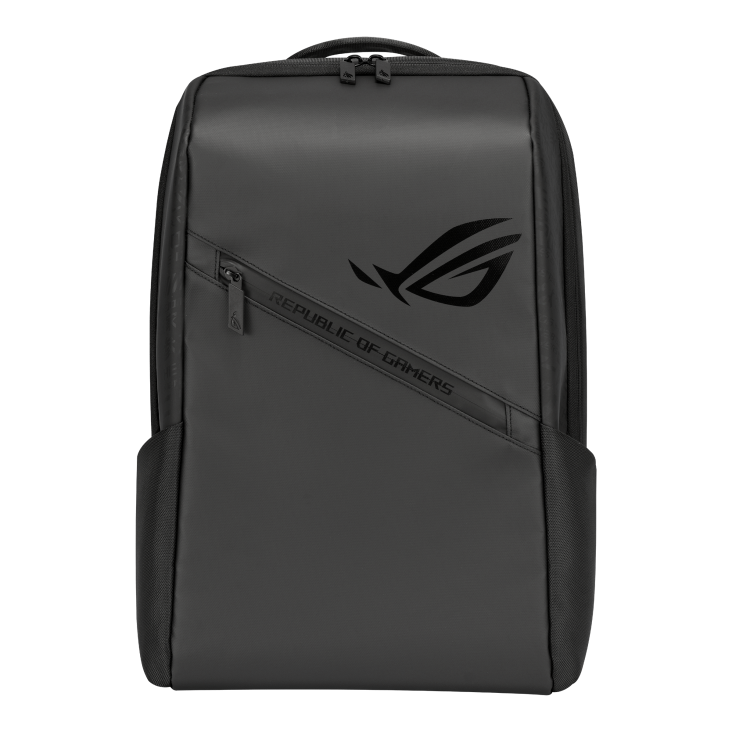 ROG Ranger Gaming Backpack 16_The ROG Ranger Gaming Backpack 16 sitting by itself with emphasis on the ROG fearless eye logo and front zipper design