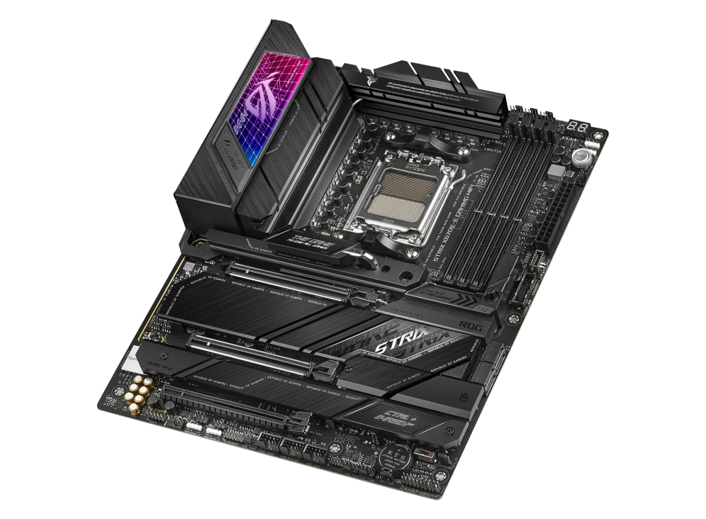 ROG STRIX X670E-E GAMING WIFI top and angled view from right