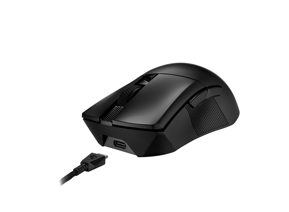 ROG Gladius III Wireless AimPoint Black angled view from the front with USB Type-C Cord