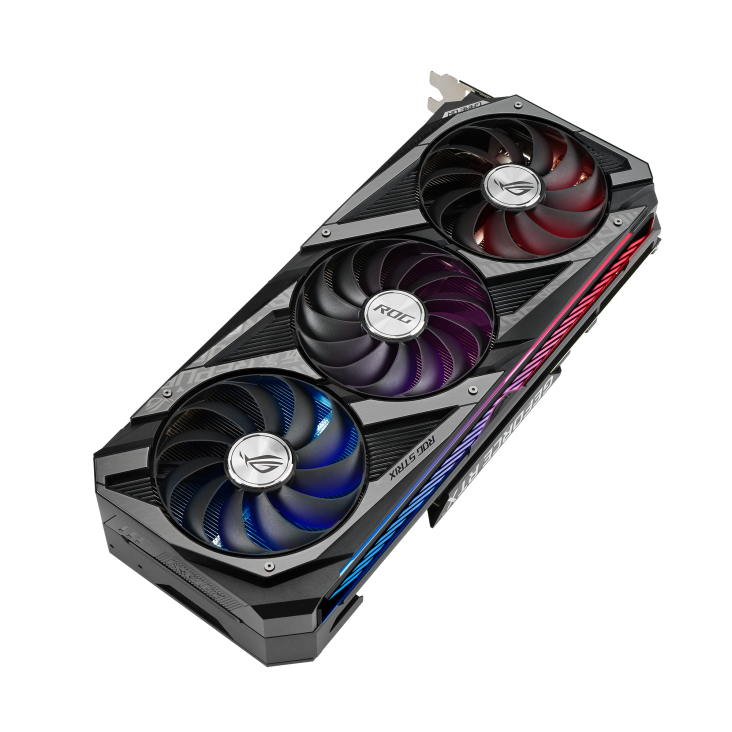 ROG-STRIX-RTX3060TI-O8G-V2-GAMING graphics card, angled top down view, highlighting the fans, ARGB element, and I/O ports