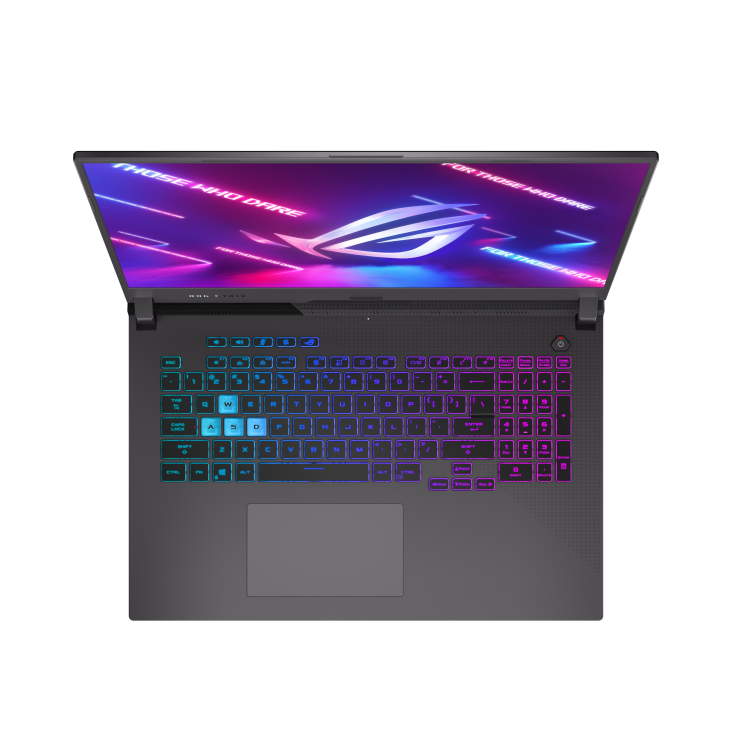 Top down view of the Eclipse Gray ROG Strix G17, with keyboard illuminated and ROG logo on screen.