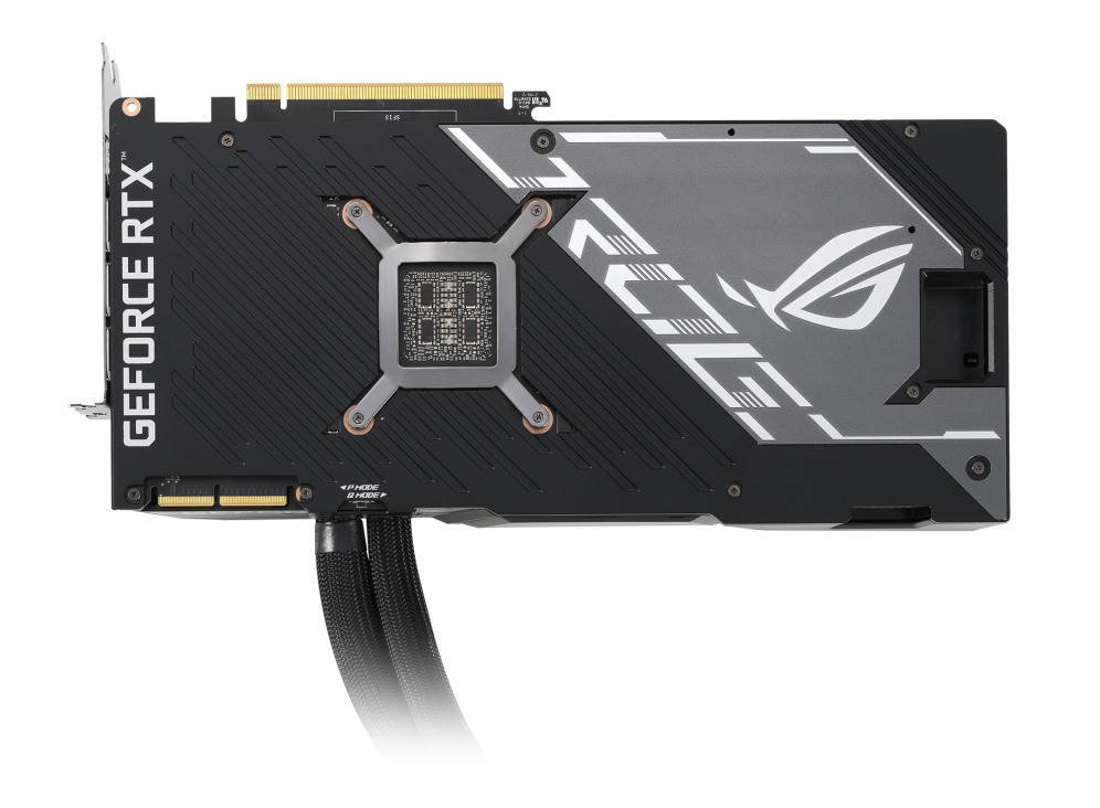 ROG Strix LC GeForce RTX 3090 Ti graphics card, rear view with AIO tubes