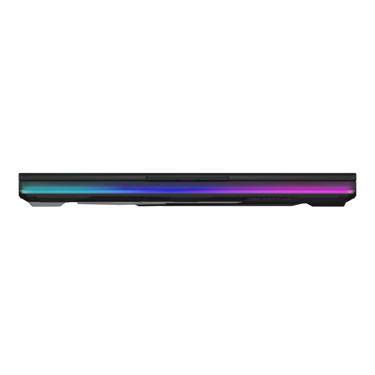 Strix SCAR 16的前視圖，筆記型電腦闔上，可見燈條