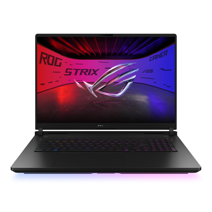 Front view of the Strix SCAR 18, with the ROG Fearless Eye logo visible on screen and the keyboard visible