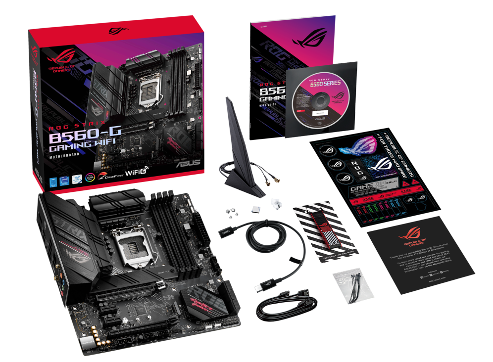 ROG STRIX B560-G GAMING WIFI top view with what’s inside the box