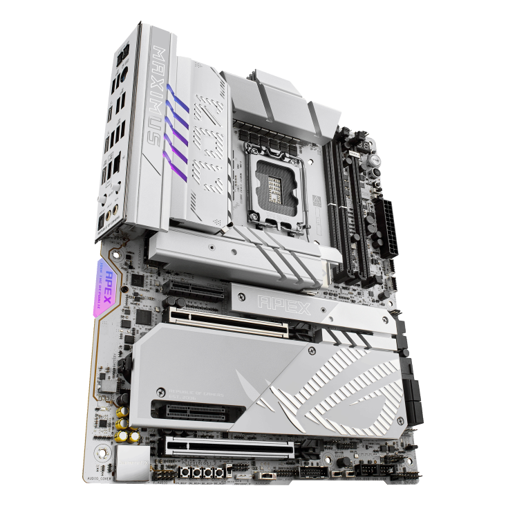ROG MAXIMUS Z890 APEX  front view, 60 degrees, viewed from the bottom left looking upward