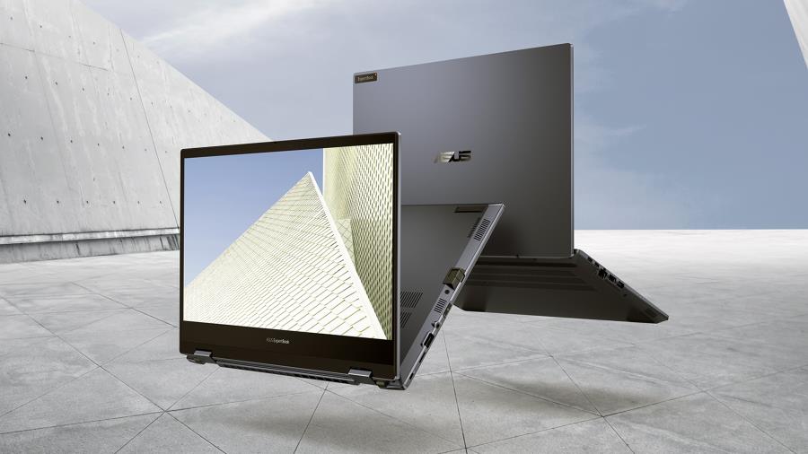 Un ExpertBook B5 en mode clamshell et un autre en mode stand qui flotte dans un espace.