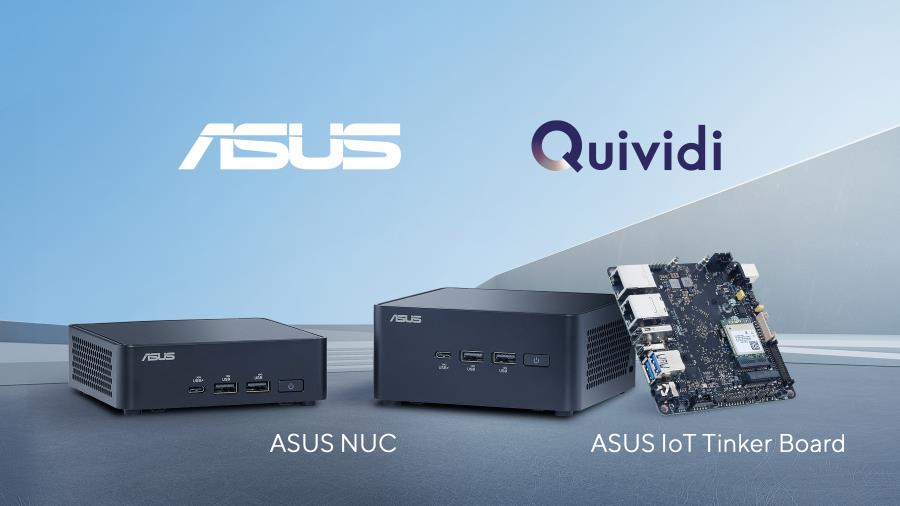 ASUS and Quividi Forge Strategic Partnership. The image features ASUS NUCs and ASUS IoT Tinker Board devices against a blue background adorned with ASUS and Quividi logos.