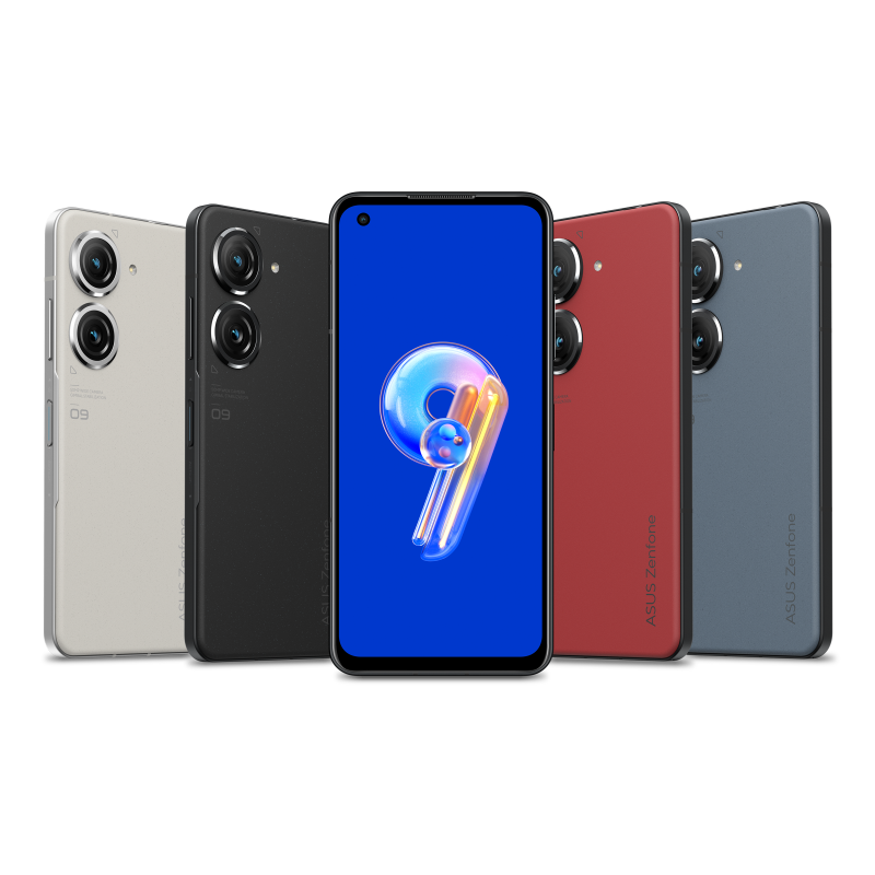 Five Zenfone 9 show the different colors and one shows the front
