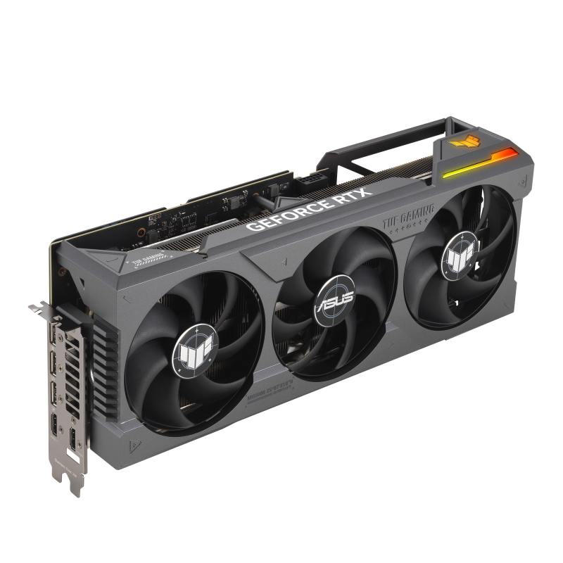 Angled top down view of the TUF Gaming GeForce RTX 4090 graphics card highlighting the fans, ARGB