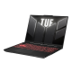 2024 TUF Gaming a16 Off center front view of the TUF Gaming a16, with the TUF logo on screen and the keyboard illuminated in red