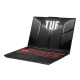 2024 TUF Gaming A16, pomaknuti pogled sprijeda na TUF Gaming A16 s TUF logotipom na ekranu i tipkovnicom osvijetljenom crvenom bojom.