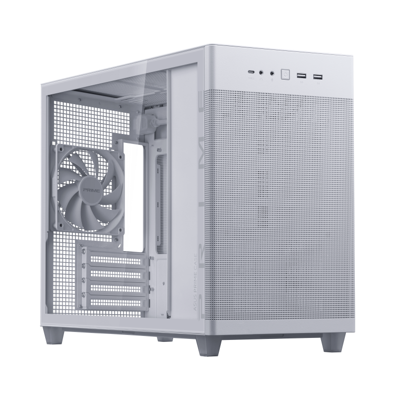 ASUS Prime AP201 Tempered Glass White case hero shot showing the front and left side