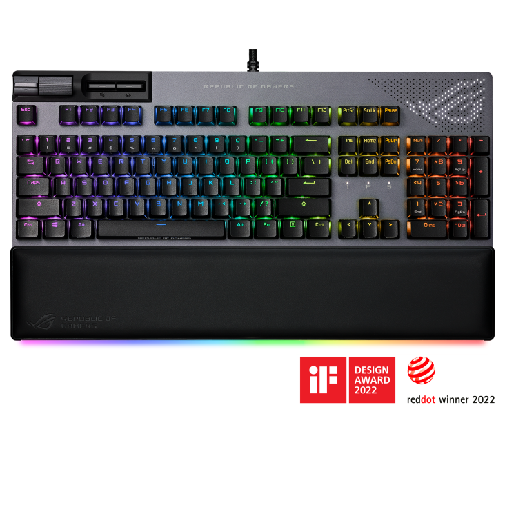 ROG Strix Flare II Animate front view, with wrist rest and if design award and red dot winner logos