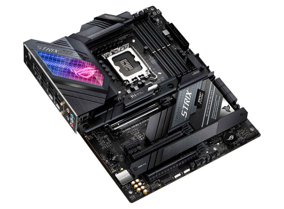ROG STRIX Z690-E GAMING WIFI top and angled view from left