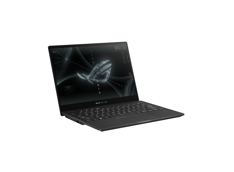 Flow X13 laptop with the ROG "Fearless Eye" logo on screen.