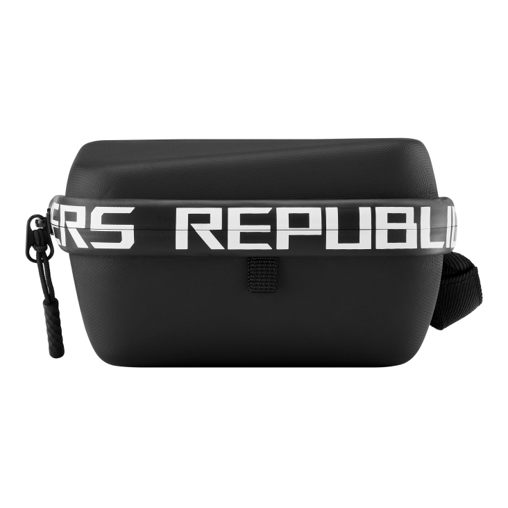 Side view of a black carrying case with the text REPUBLIC OF GAMER on the zipper