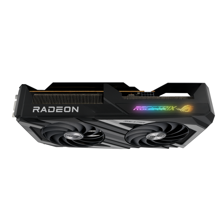 ROG STRIX Radeon RX 7600 OC Edition angled top down view with the focus on heatsink
