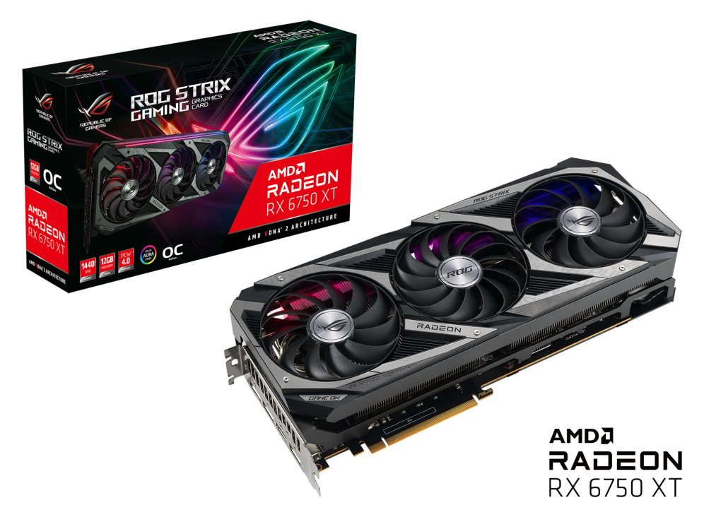ROG Strix Radeon™ RX 6750 XT OC Edition graphics card packaging and graphics card with AMD Logo
