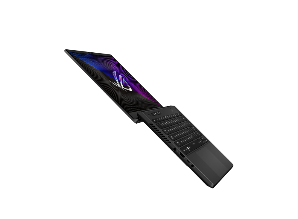 Zephyrus G14 with the hinge fully extended to 180 degrees, with the ROG Fearless Eye logo visible on screen