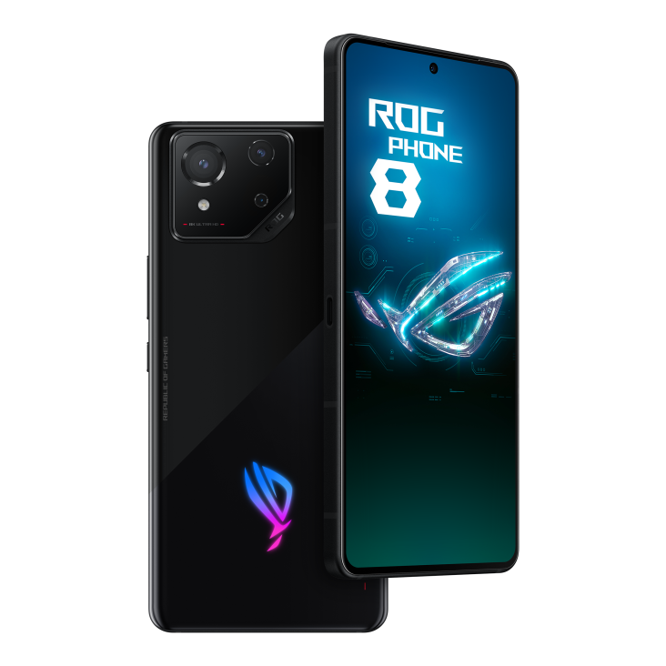 ROG Phone 8 in Phantom Black angled view from front and the other ROG Phone 8 in Phantom Black angled view from back, tilting at 45 degrees