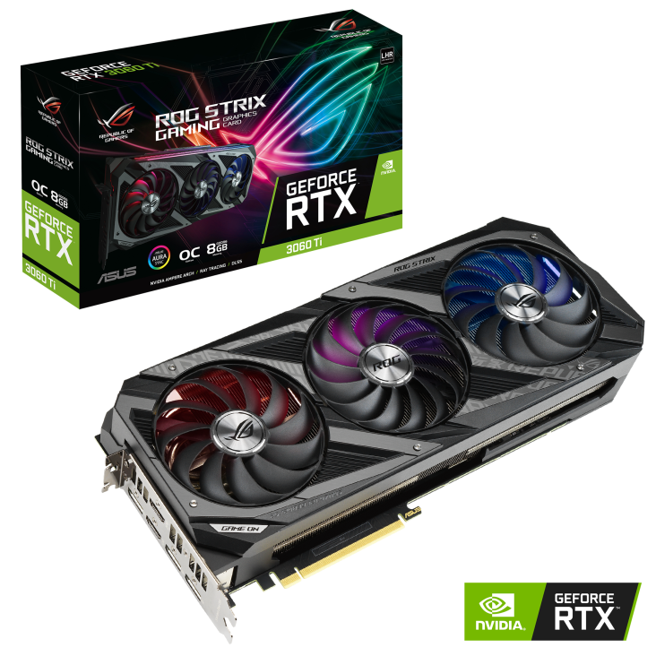ROG-STRIX-RTX3060TI-O8G-V2-GAMING graphics card and packaging with NVIDIA logo