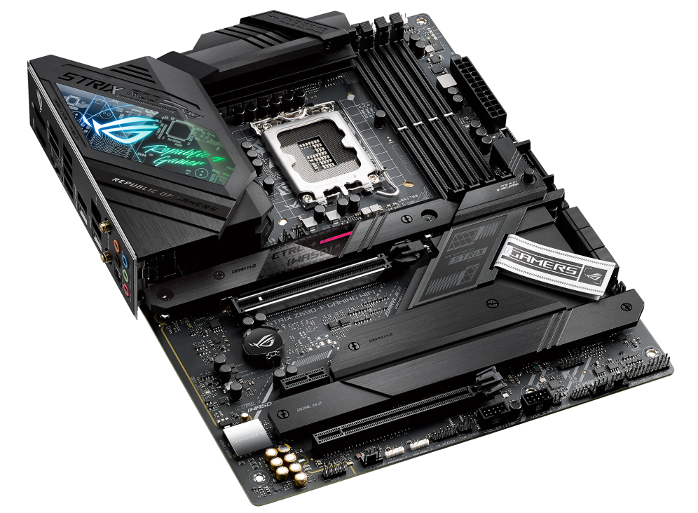 ROG STRIX Z690-F GAMING WIFI top and angled view from left