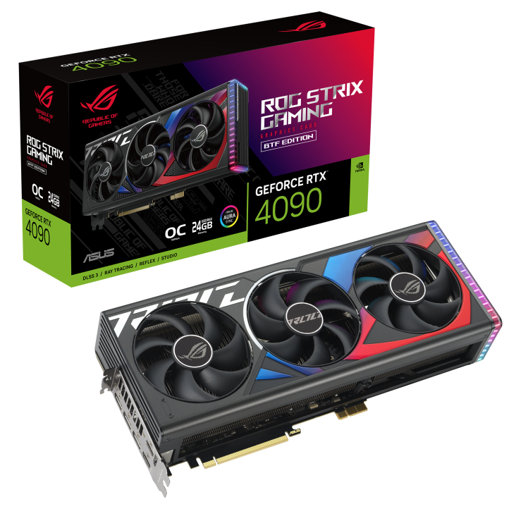 ROG Strix GeForce RTX 4090 BTF OC Edition packaging and graphics card