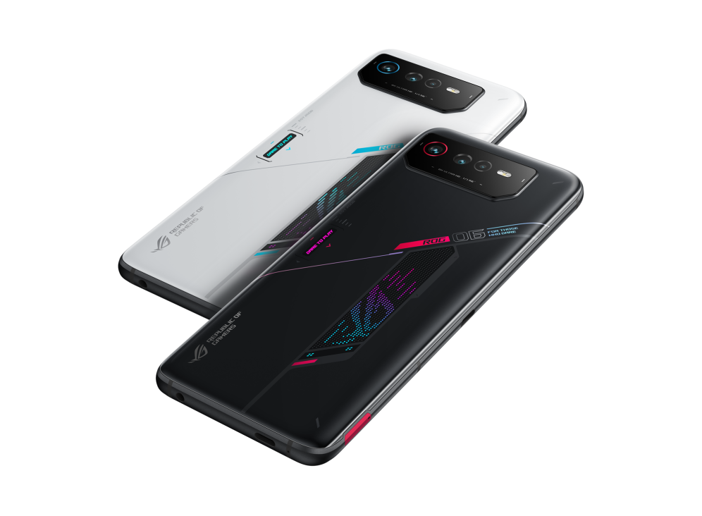 Two ROG Phone 6 in both Phantom Black and Storm White angled view from back