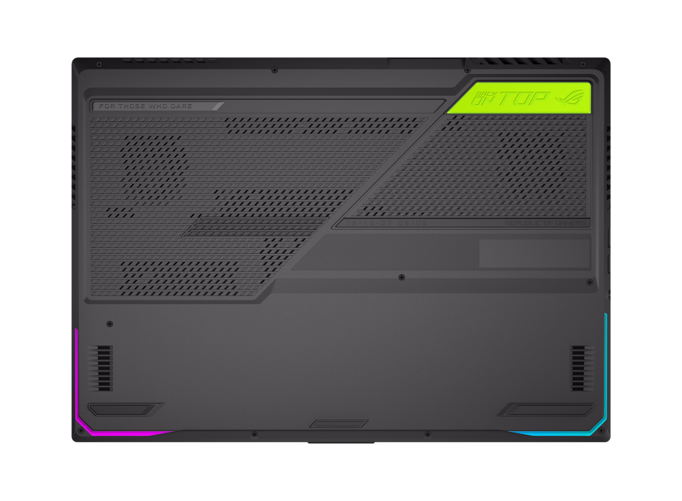 Underside view of the Strix G17, with emphasis on the airflow cutouts and colored rubberized feet.