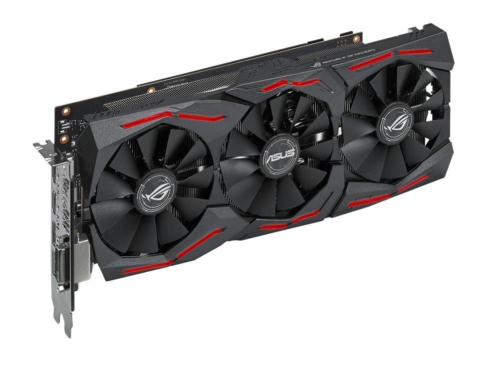 ROG-STRIX-GTX1060-O6G-GAMING graphics card, angled top down view, highlighting the fans, ARGB element, and I/O ports
