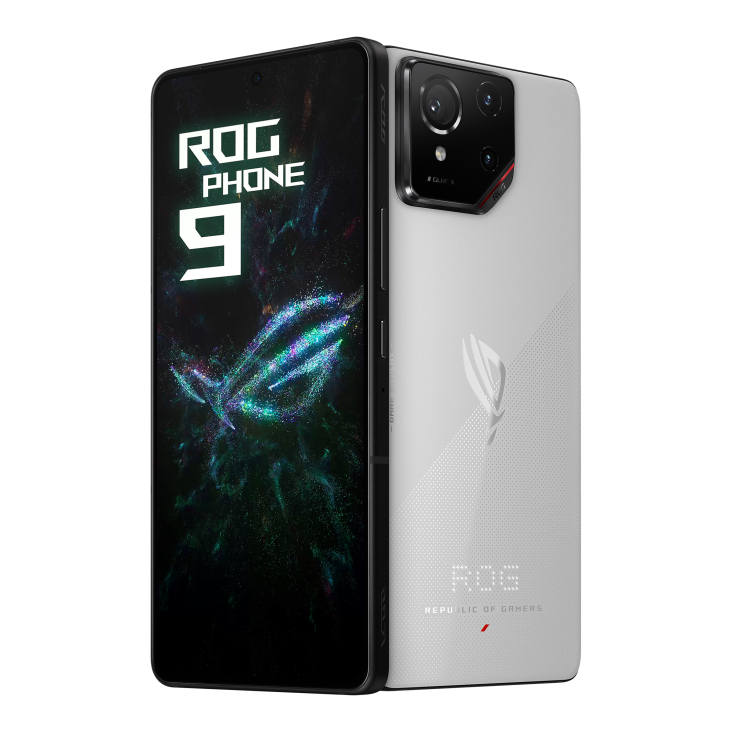 Two ROG Phone 9 Storm White angled view from both front and back, tilting at 45 degrees.