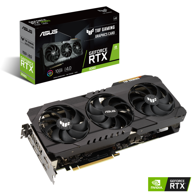 TUF Gaming GeForce RTX 3080 V2 Packaging and graphics card with NVIDIA logo