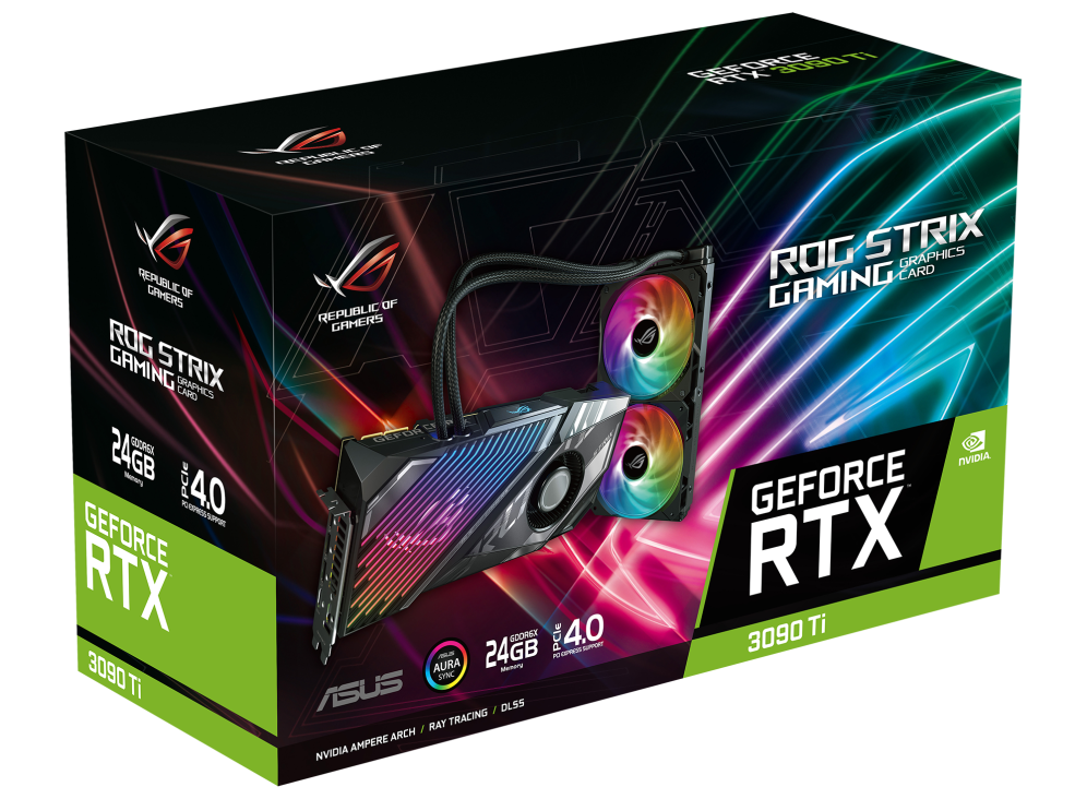 ROG Strix LC GeForce RTX 3090 Ti graphics card packaging