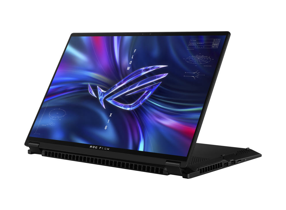 Off center shot of the front of the Flow X16 with the lid open 220 degree in stand mode and ROG Fearless Eye logo on screen