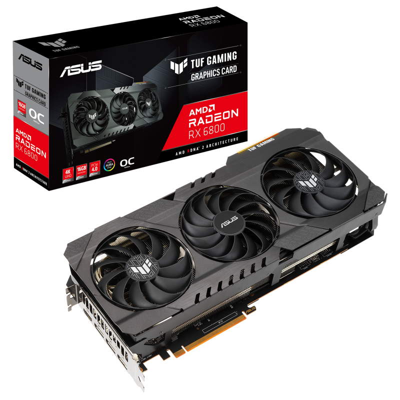 TUF GAMING AMD Radeon RX 6800 OC Edition packaging and graphics card with AMD logo