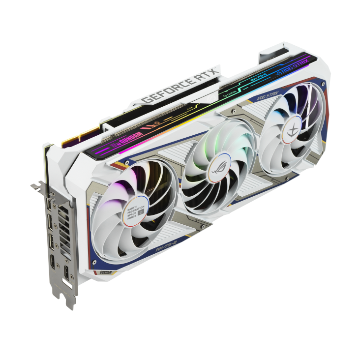 ROG-STRIX-GeForce-RTX-3090-GUNDAM-EDITION graphics card, angled top down view, highlighting the fans, ARGB element, and I/O ports