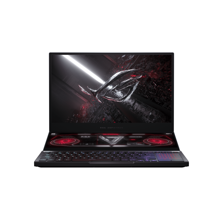 ROG Zephyrus Duo 15 Special Edition front view with the ROG Fearless Eye logo on screen.