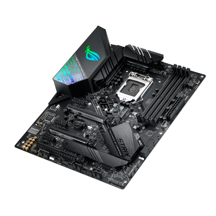 ROG STRIX Z390-F GAMING top and angled view from right
