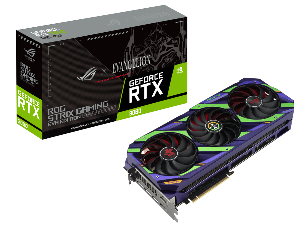 ROG Strix GeForce RTX 3080 12GB EVA Edition packaging and graphics card