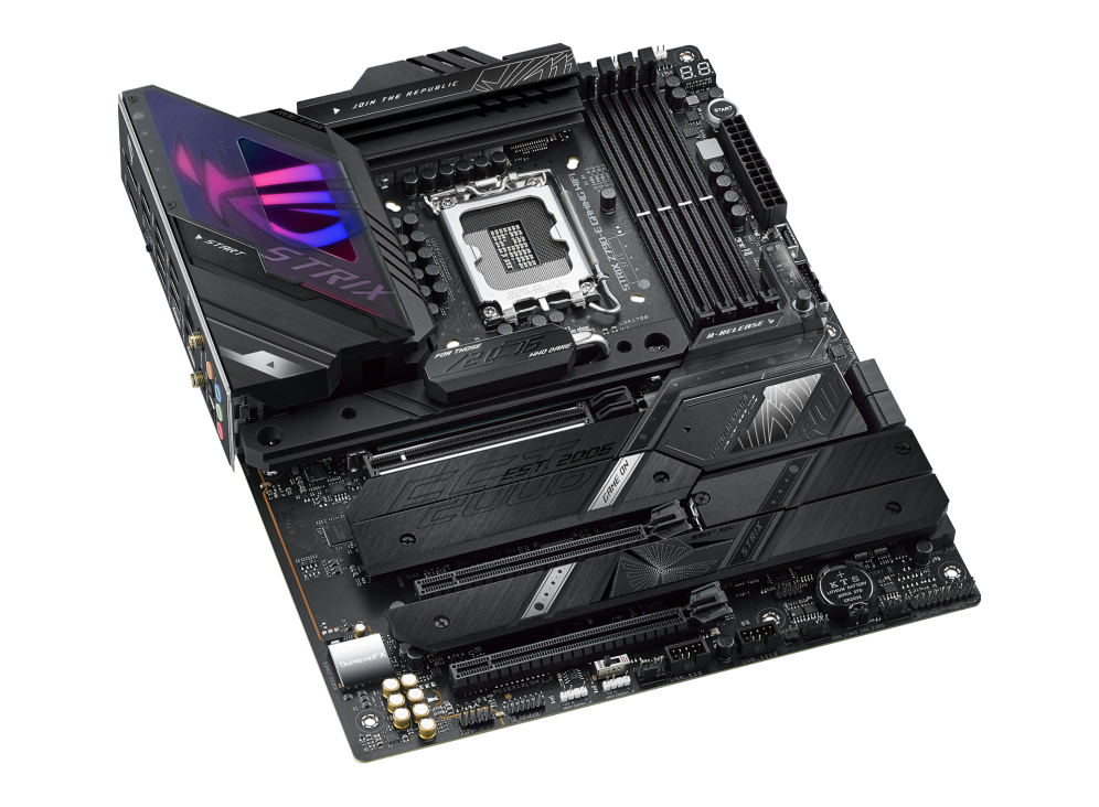 ROG STRIX Z790-E GAMING WIFI top and angled view from left