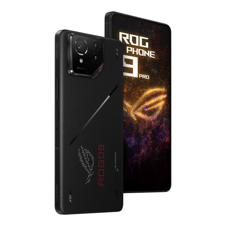 Two ROG Phone 9 Pro Phantom Black angled view from both front and back, tilting at 45 degrees.