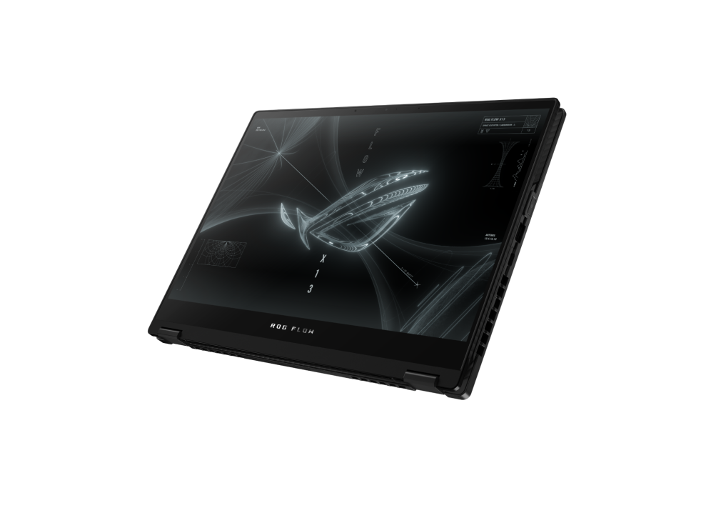 Off center front view of the Flow X13 in tablet mode, with the ROG logo on screen.