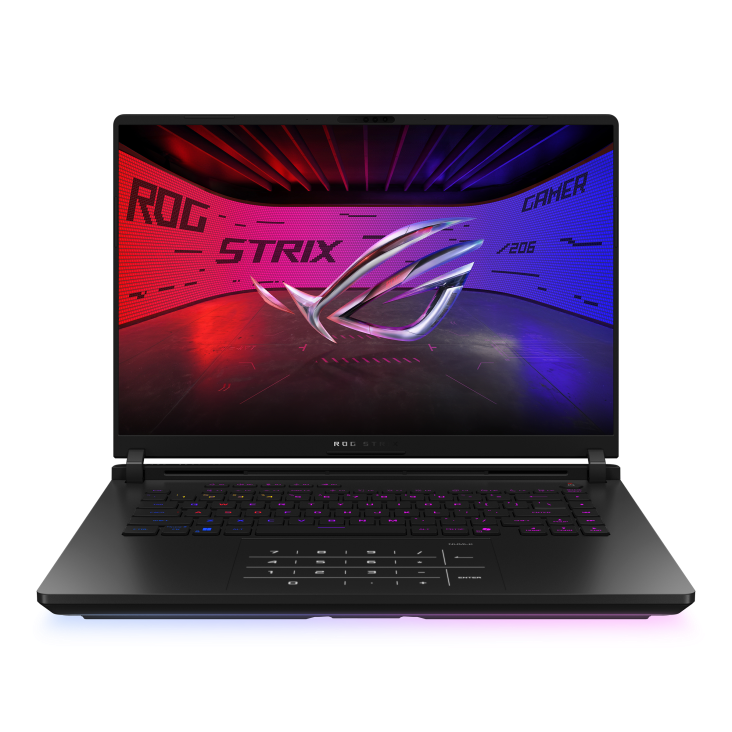 Front view of the Strix SCAR 16, with the ROG Fearless Eye logo visible on screen and the keyboard visible