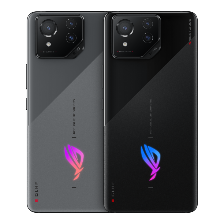 Two ROG Phone 8 in both Phantom Black and Rebel Grey angled view from back slantingly
