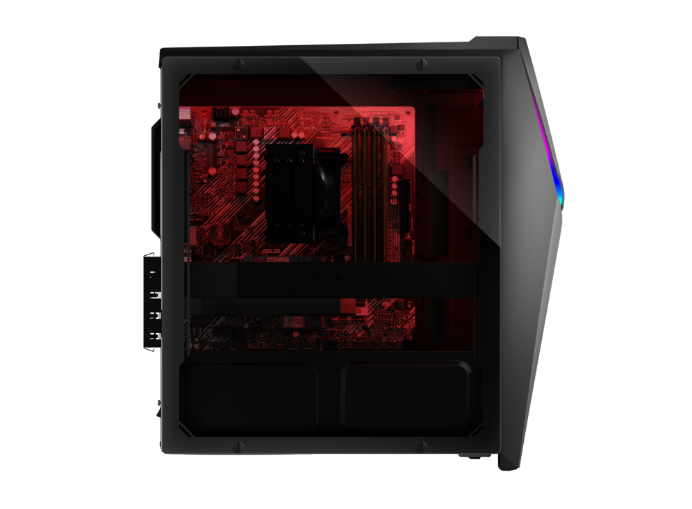 Side view of G10DK, with motherboard and internals illuminated with red RGB lighting.