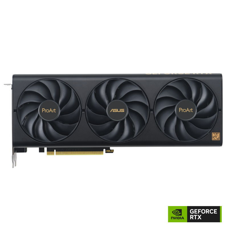 Front side of the ASUS ProArt GeForce RTX 4070 SUPER graphics card with logo